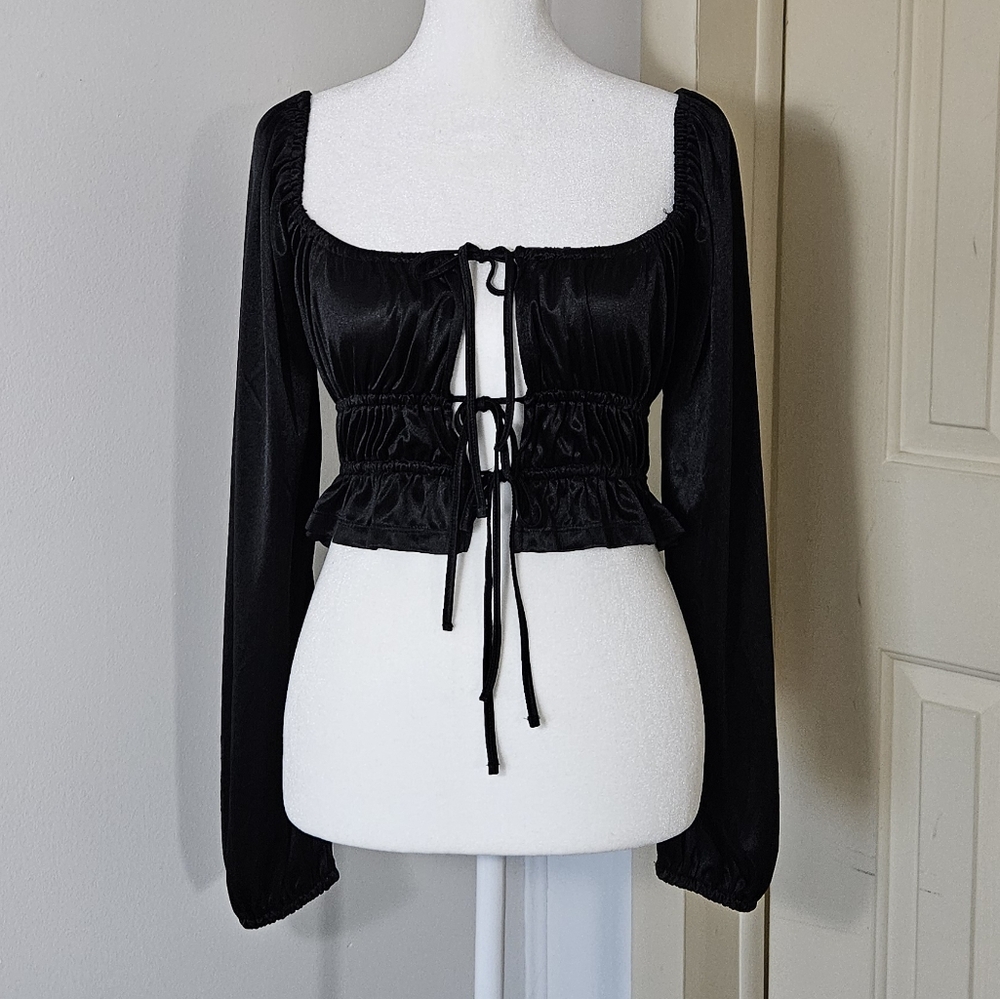 Forever21 Black Satin Milkmaid Style Cropped Long Sleeve Tie Front Top